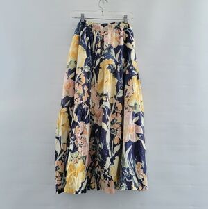 Free People Tropical Floral Maxi Full Skirt Size XL Blue Yellow Cottagecore